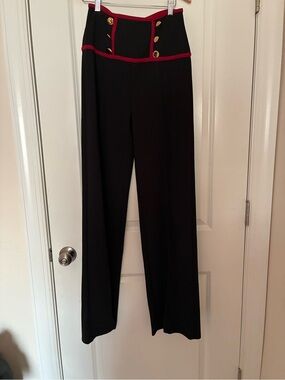 High-Rise Black Wide-Leg Pants with Red Trim and Gold Buttons
